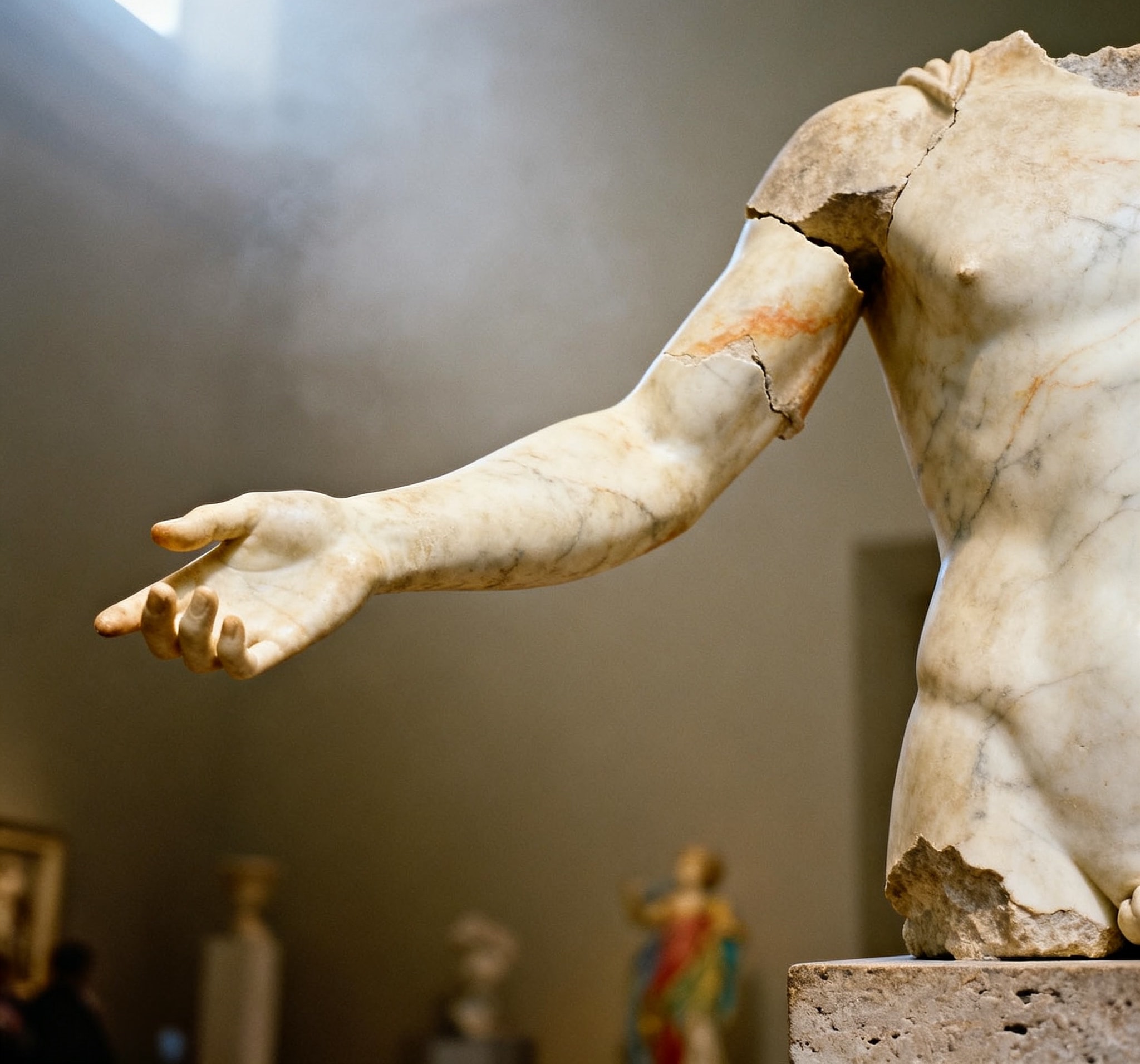 Antike griechische Marmor-Skulptur, Torso-Fragment mit ausgestrecktem Arm und geöffneter Hand in einer formenden Geste, im Museum aufgenommen